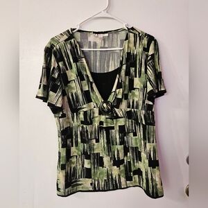 JM Collection Abstract Green and Black Blouse
